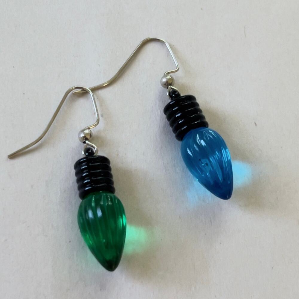 Blue and Green Christmas Light Earrings Mismatched Holiday Jewelry